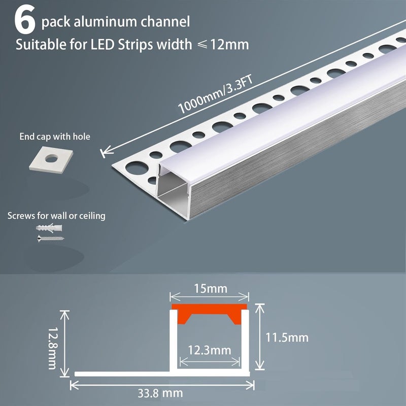 Caniuev 6 عبوات من قناة LED مدمجة 3.3 قدم بدون حواف من الألمنيوم للجدران والأسقف مع موزع حليبي - Image 2